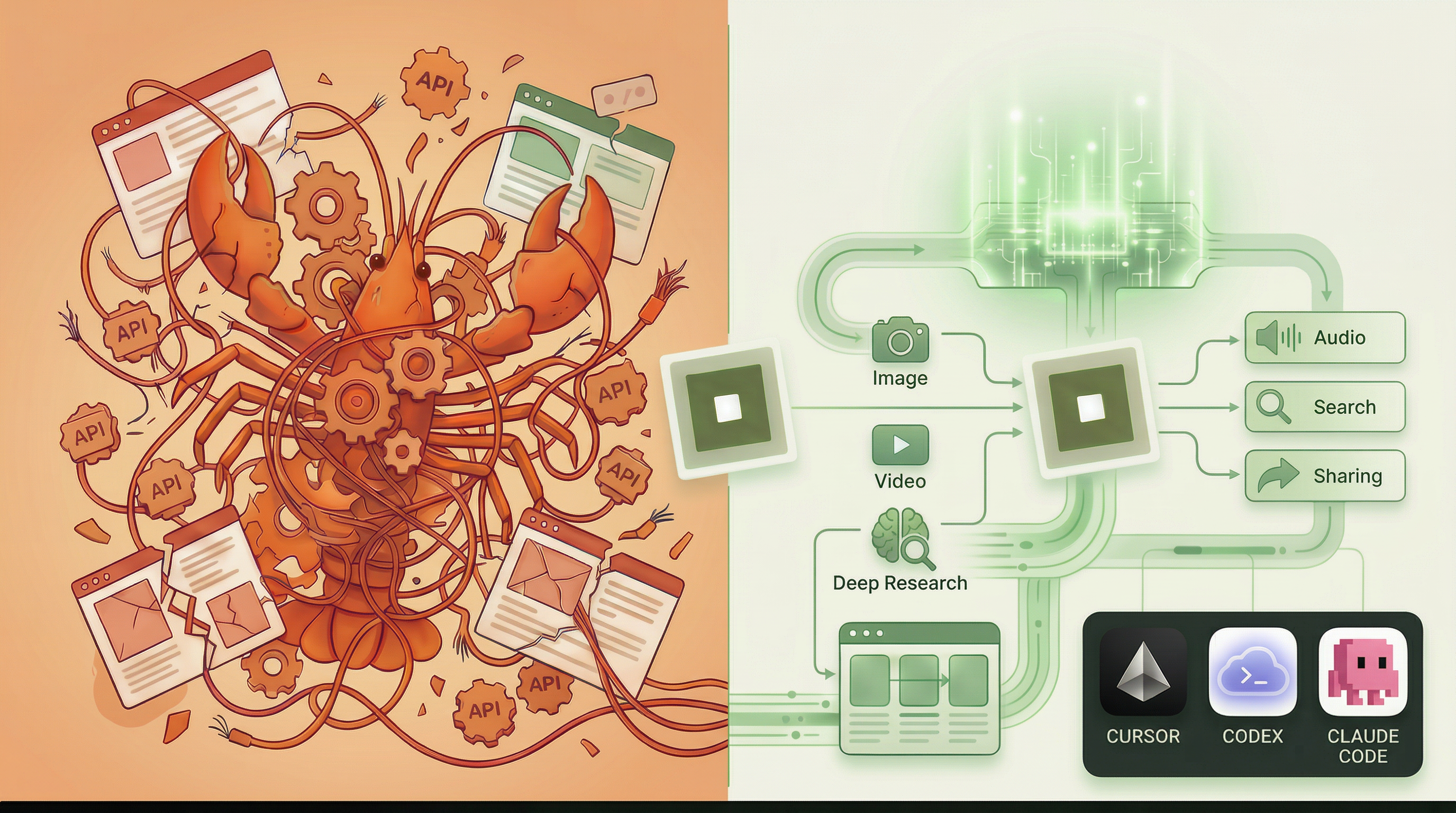 Before-and-after comparison showing OpenClaw as a chaotic lobster-like setup with cables, API keys, and billing cards on the left, and a smoother one-key AnyCap-style image workflow on the right.