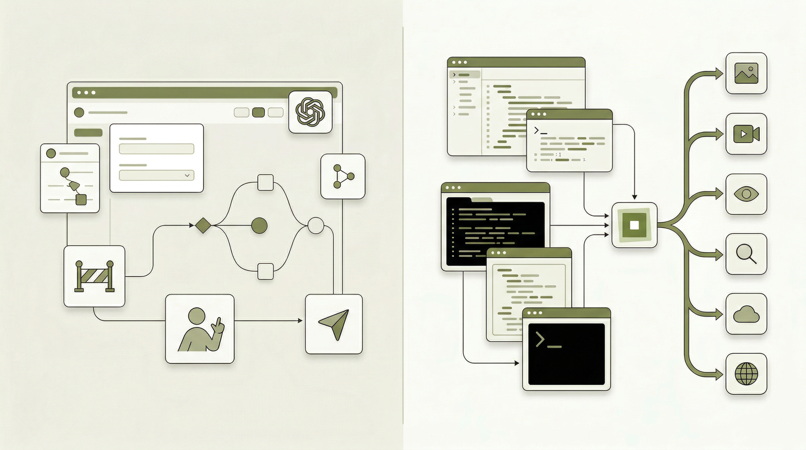 Generated comparison hero showing a workflow-builder layer on the left and multiple coding agents flowing into one shared AnyCap capability runtime on the right.