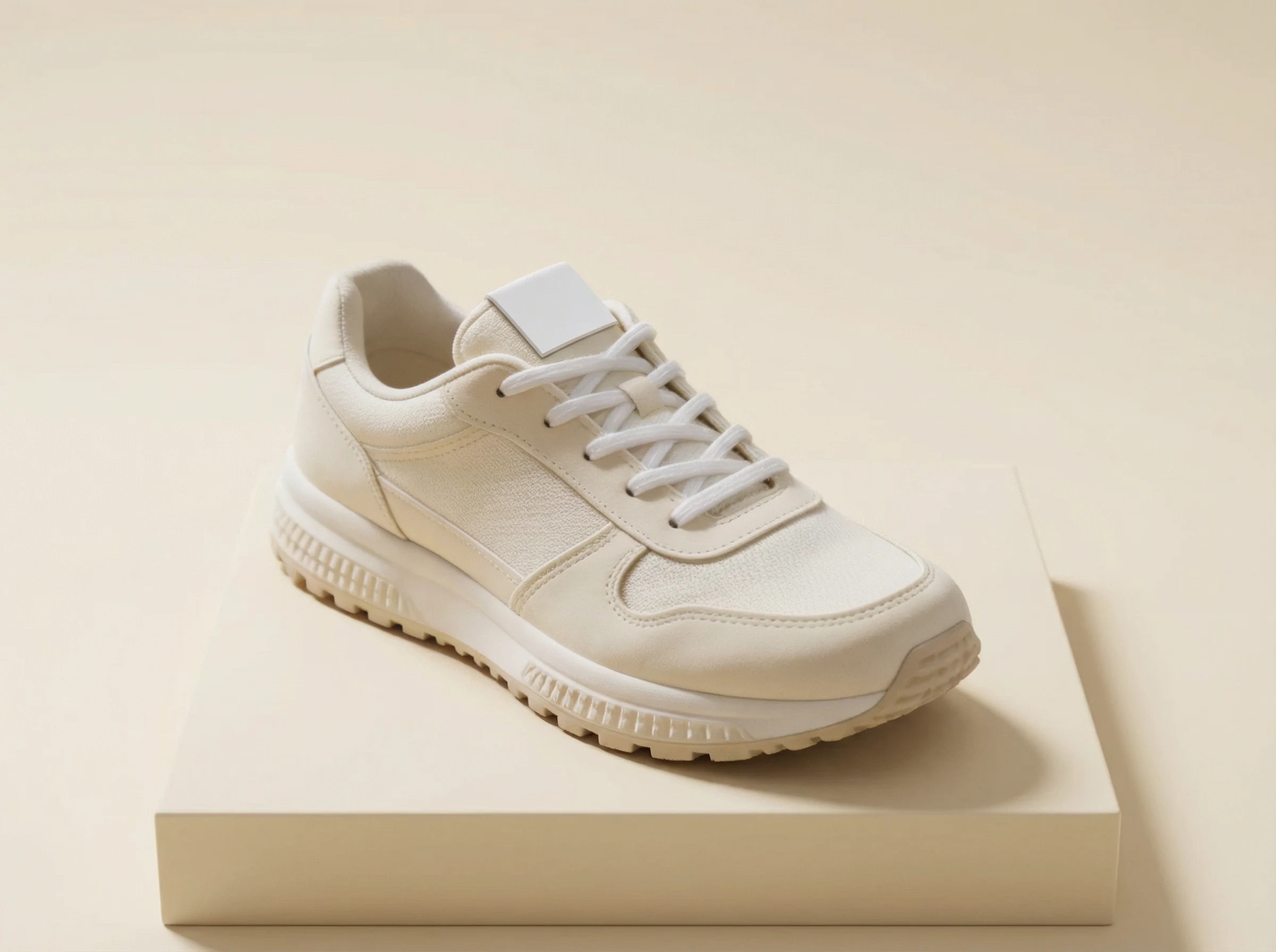 The same off-white running shoe placed on a minimal cream pedestal with a warm studio background after the photo background was replaced.