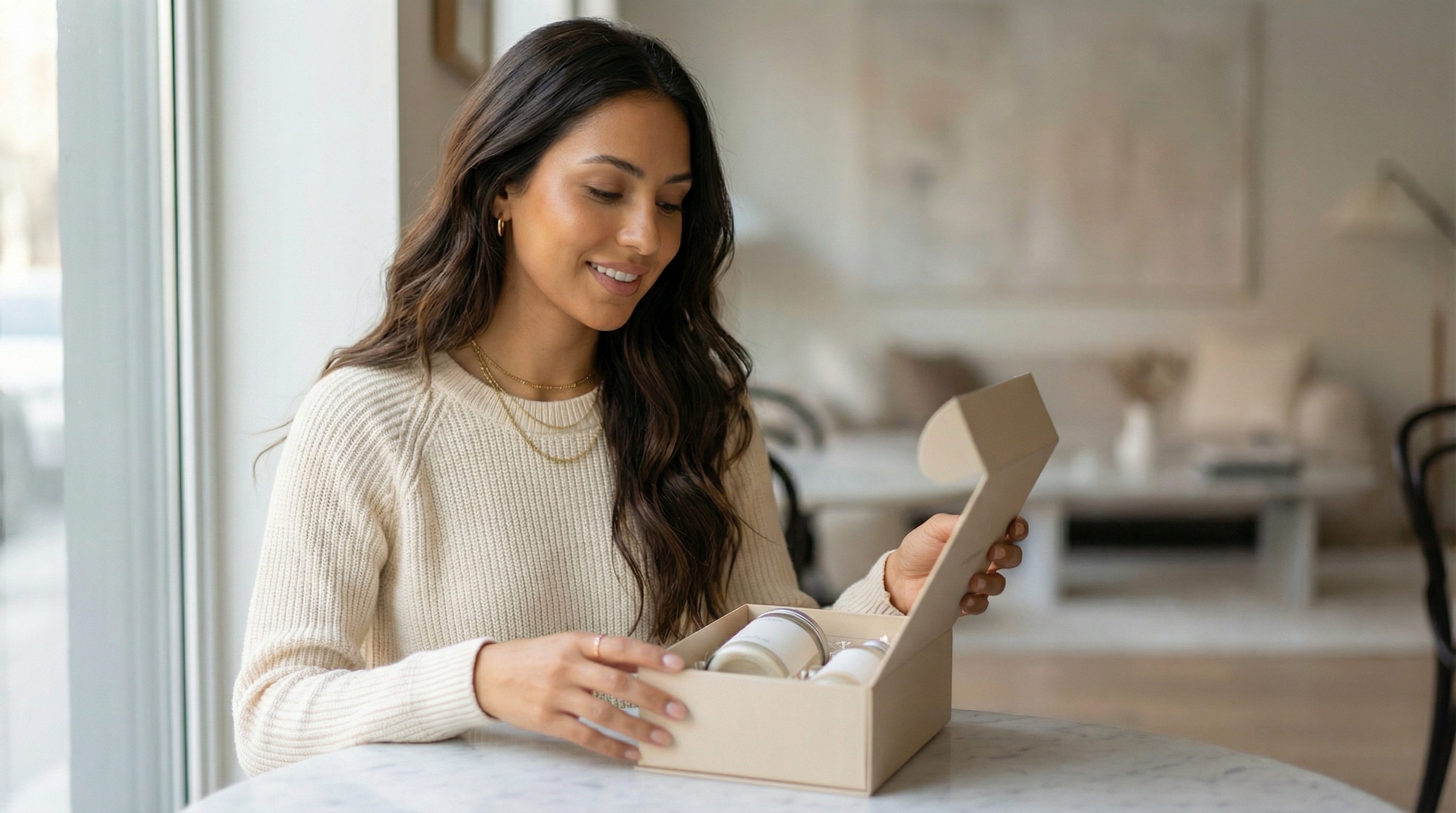 The same fictional beauty influencer from the hero image unboxing a minimal skincare set on a white marble table.