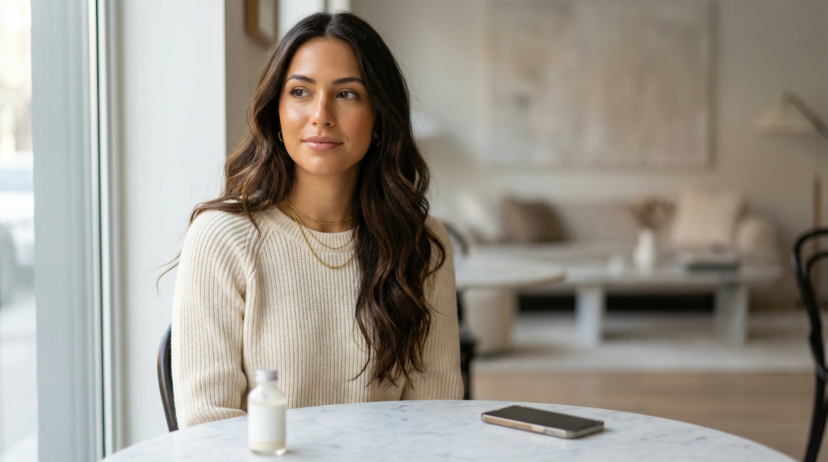 Polished fictional beauty influencer with glossy dark waves, layered gold jewelry, and soft glam makeup seated at a marble table in a bright luxury apartment studio beside an unlabeled skincare bottle and phone.