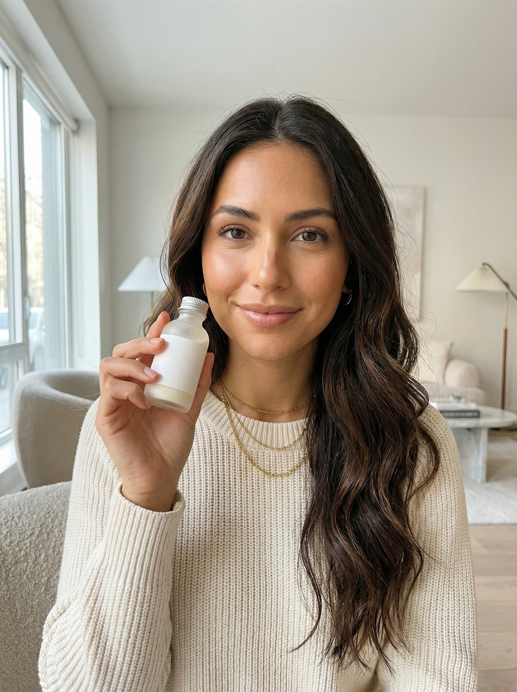 The same fictional beauty influencer from the hero shot holding an unlabeled skincare bottle near her face in a bright apartment interior.
