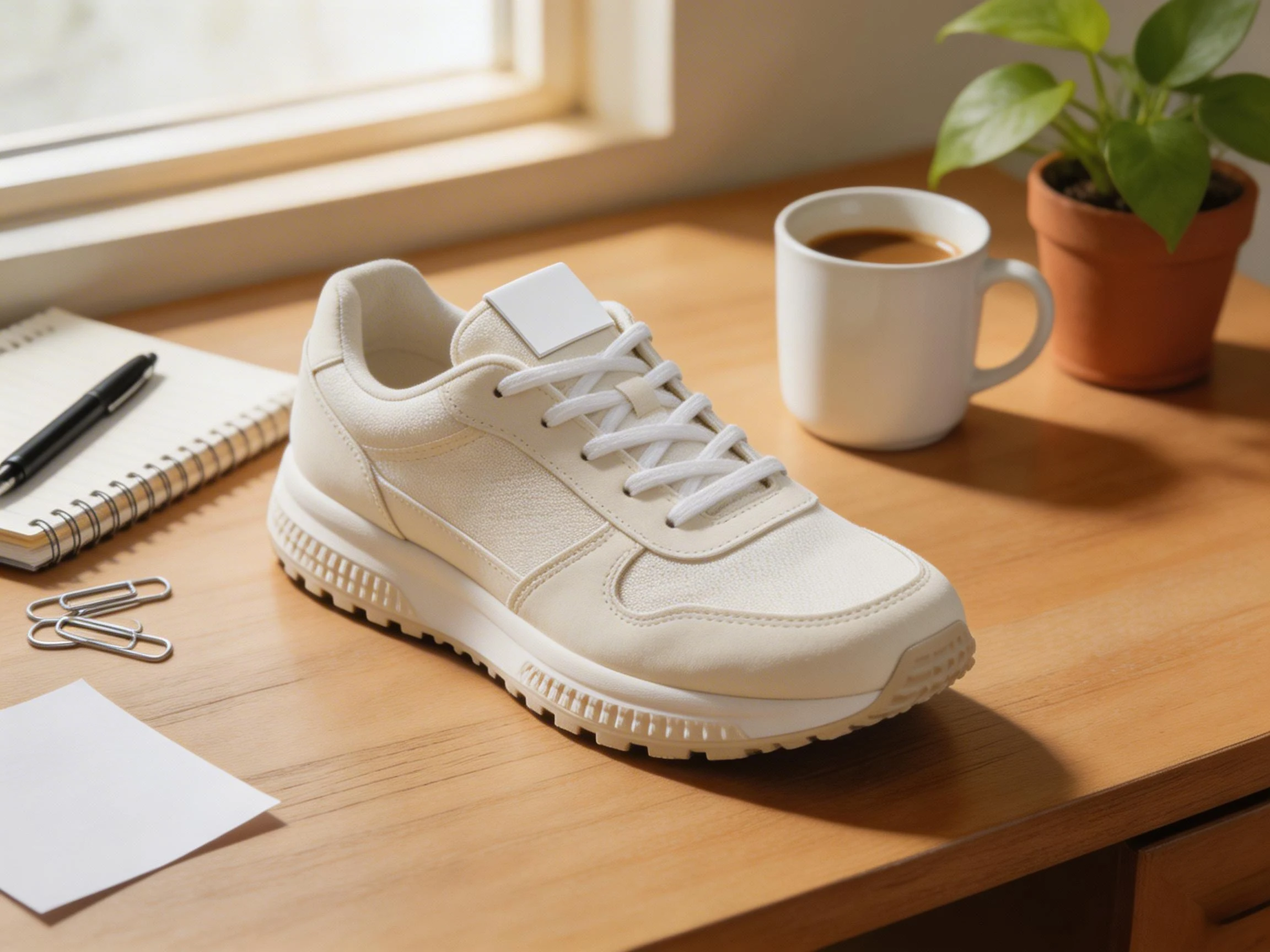 Source product photo of an off-white running shoe sitting on a cluttered wooden desk near a plant and a coffee mug.