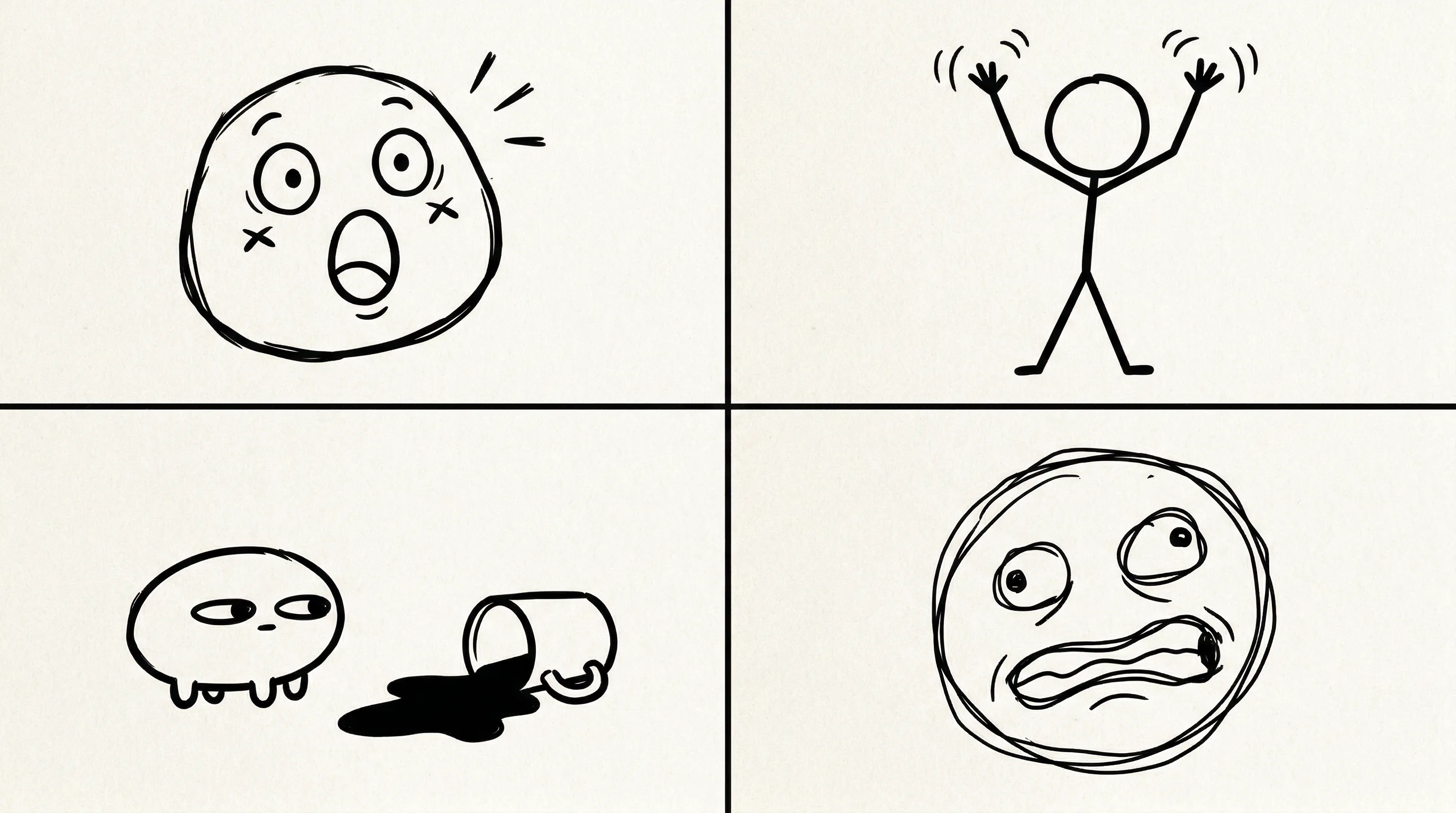 A four-panel collage of easy memes to draw with simple blob characters, stick figures, and bad-drawing reaction faces.