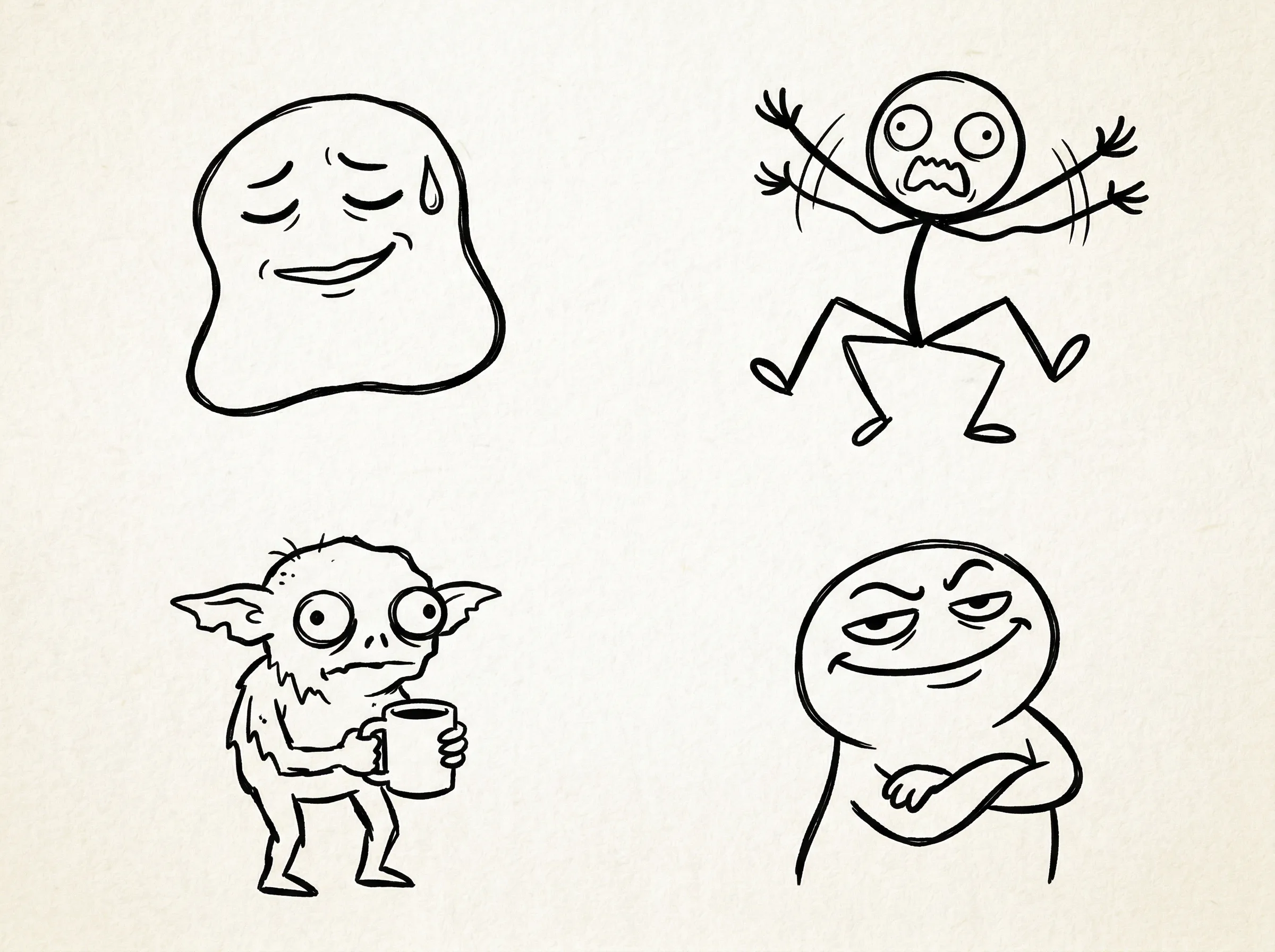 A simple doodle character sheet showing four easy meme drawings with minimal shapes and readable expressions.