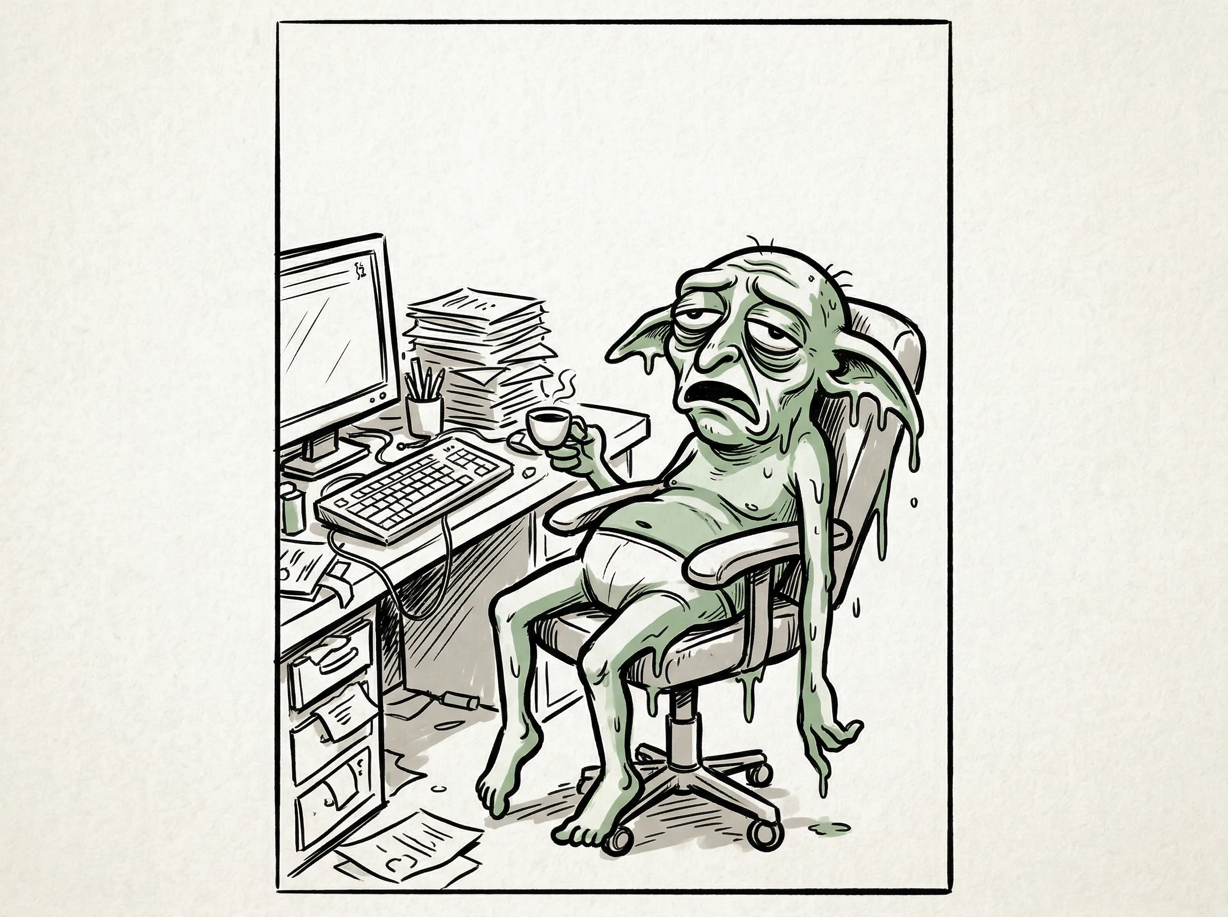 A funny meme drawing of an exhausted office goblin melting into a chair with a tiny coffee cup beside a chaotic desk.