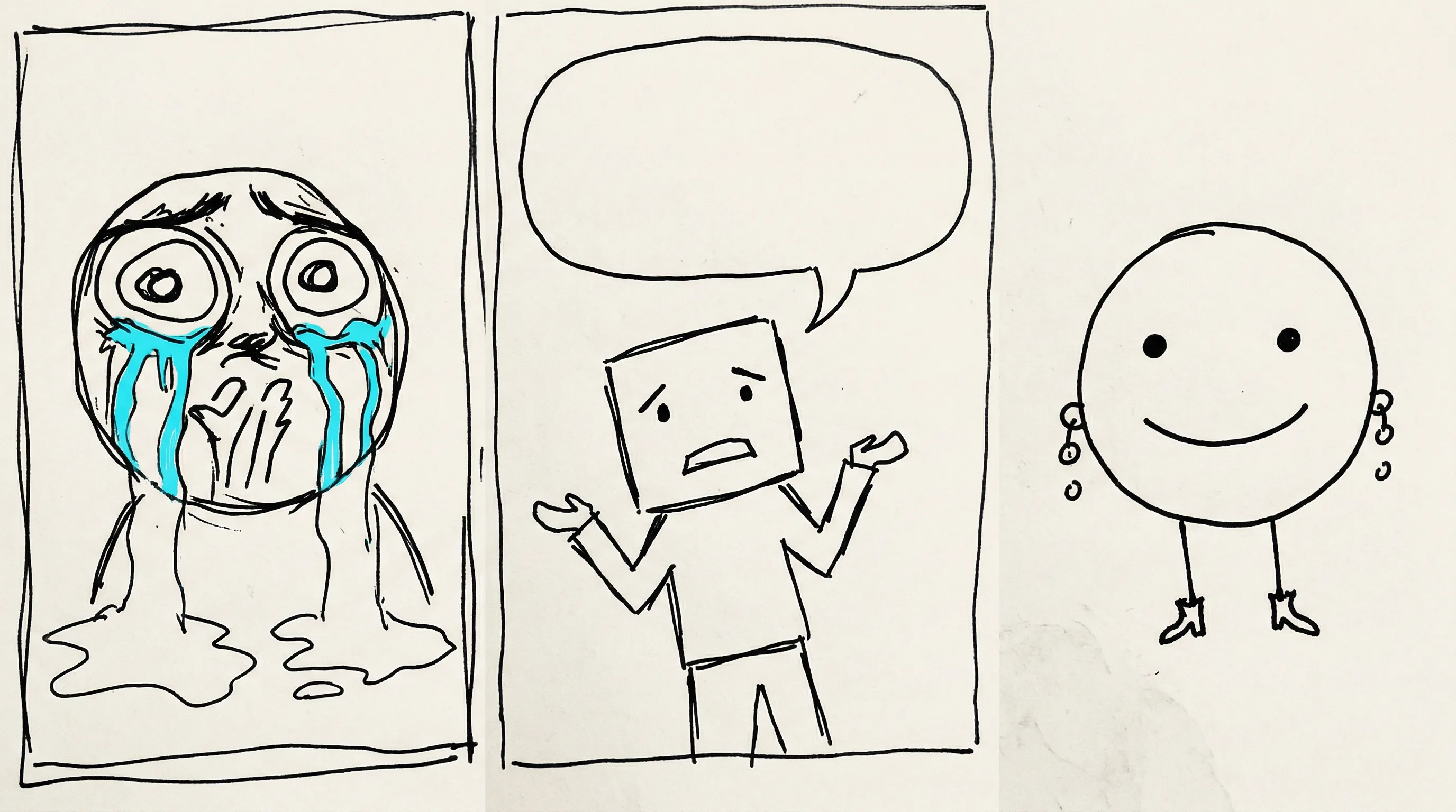 A three-panel collage of bad drawing memes with a crying scribble face, an awkward cute character, and a round face on paper with tiny legs.
