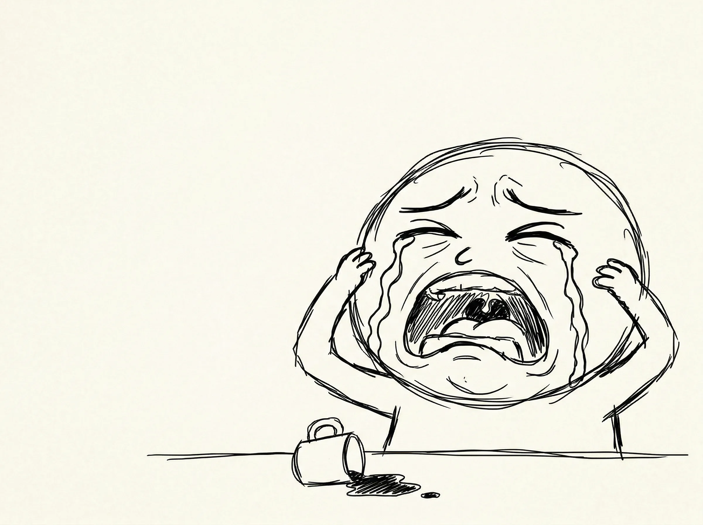 An intentionally awkward bad drawing meme showing a lumpy crying face overreacting to a tiny spilled coffee on off-white paper.