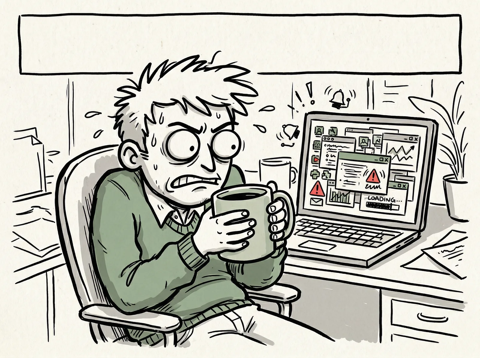 A stressed doodle-style office worker gripping a mug in front of a warning-filled laptop, with a clean blank banner area left for an exact caption.