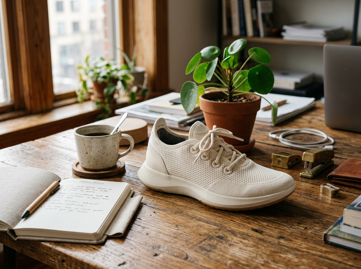 Foto fonte de um tênis creme sobre uma mesa de madeira com caderno, caneca, planta e outros objetos de escritório ao redor.