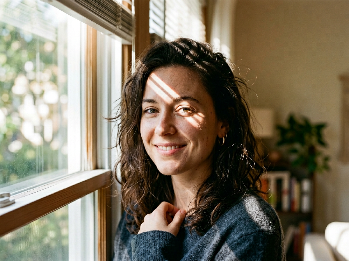 Indoor portrait of a woman by a window with a harsh diagonal strip of light and shadow across her face.