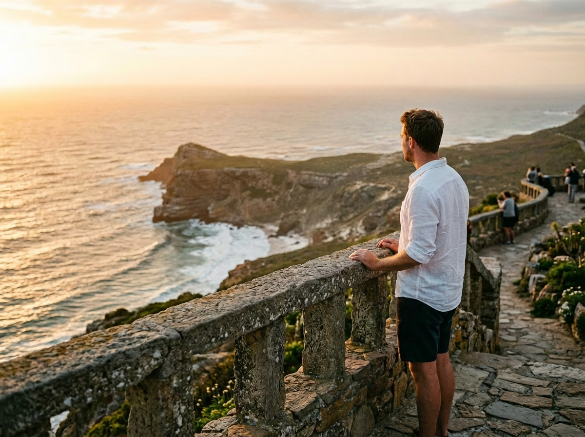 The same sunset overlook photo after the woman in the red jacket was removed and the stone railing was reconstructed.