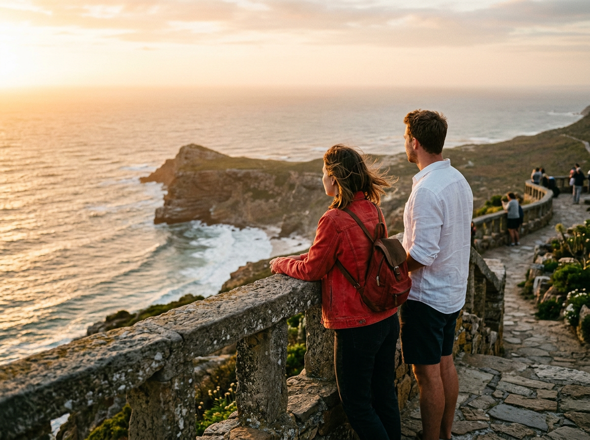 Sunset coastal overlook photo with a woman in a red jacket and a man in a white shirt standing by a stone railing.