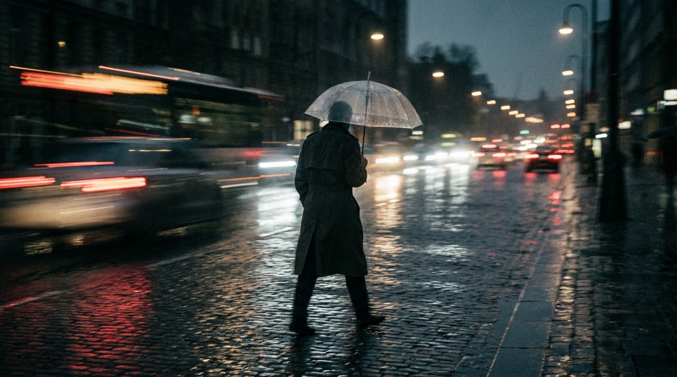 Rainy neon street scene at night with a lone person under a transparent umbrella and reflections on wet pavement.