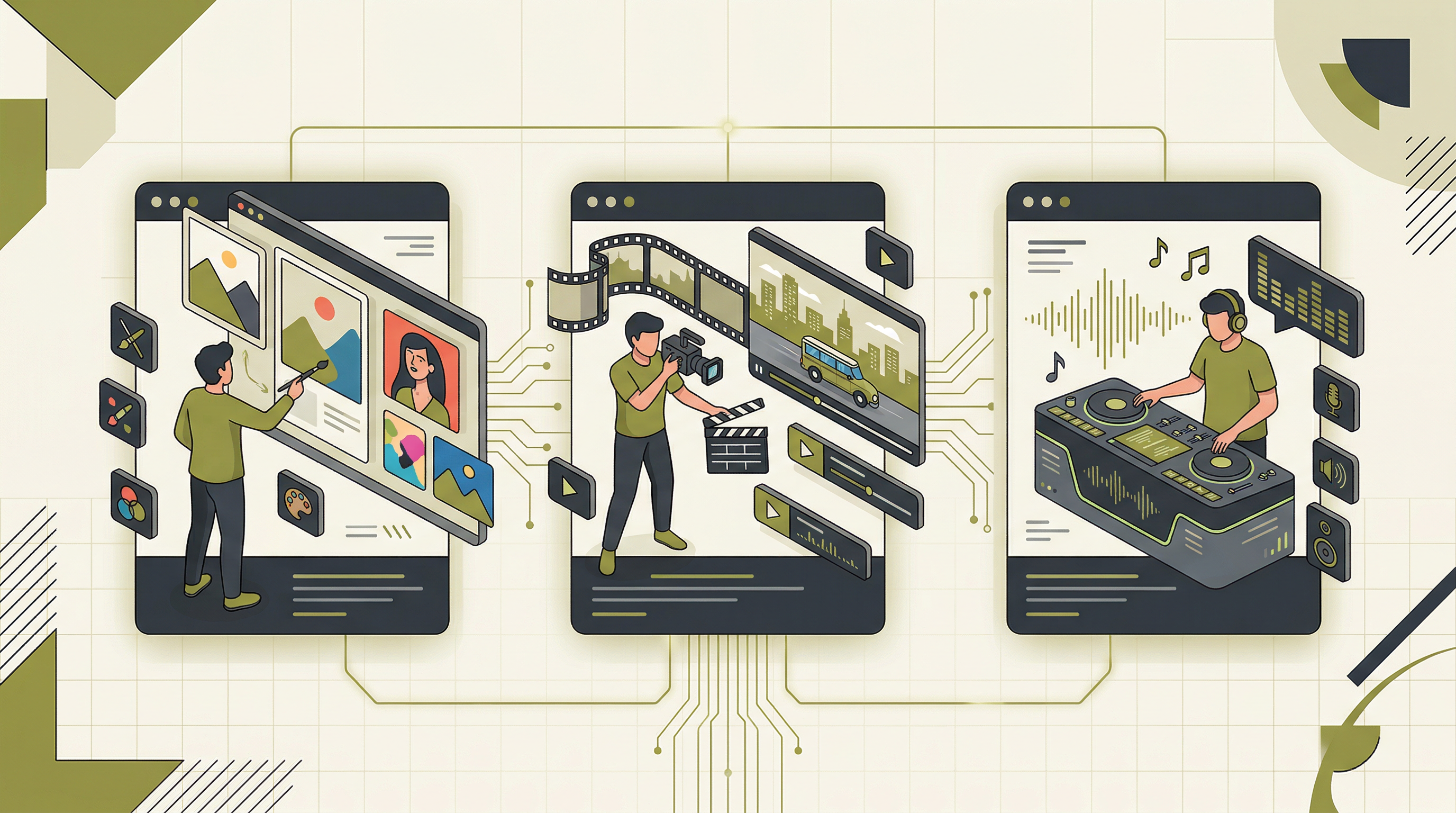 Illustrated overview of image, video, and music model categories inside the AnyCap model hub.