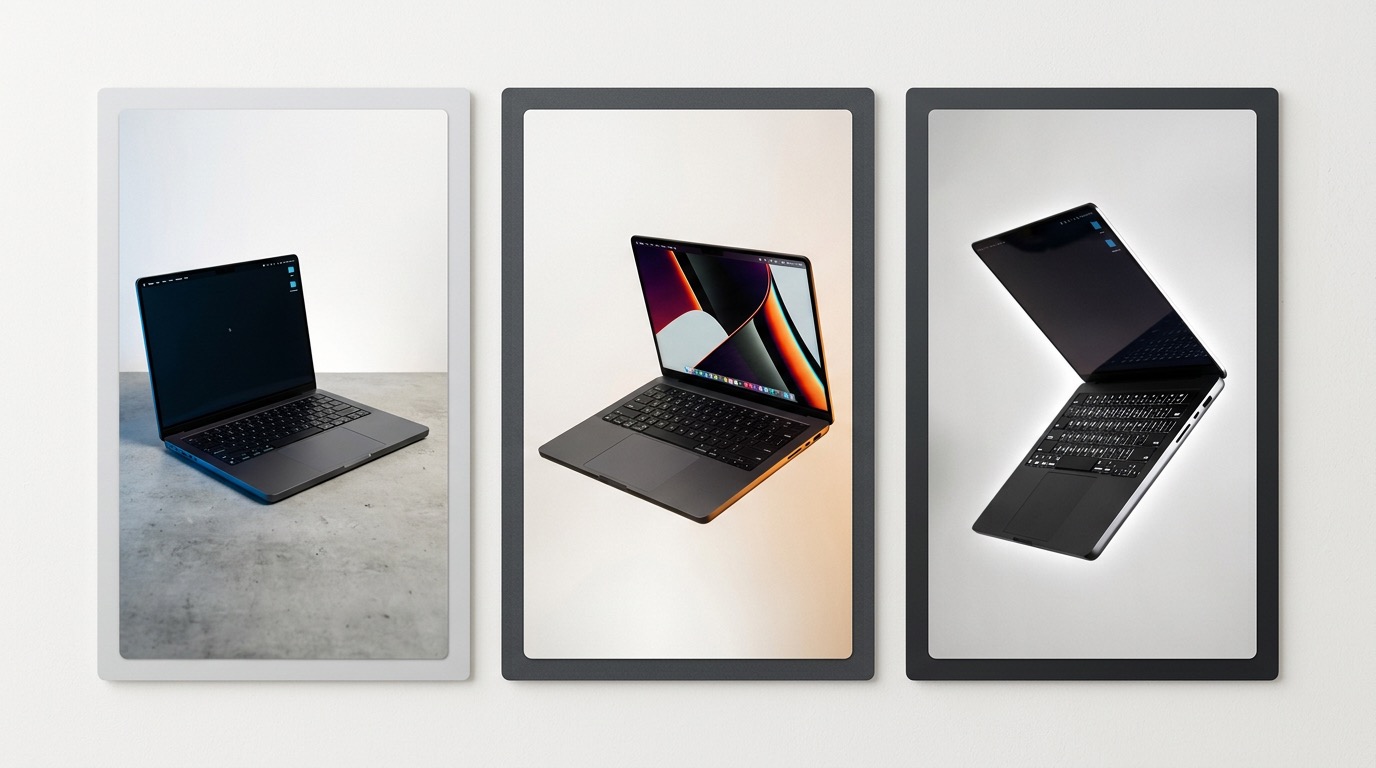 Clean three-panel review board showing a matte graphite laptop in three visual directions on an off-white studio background.