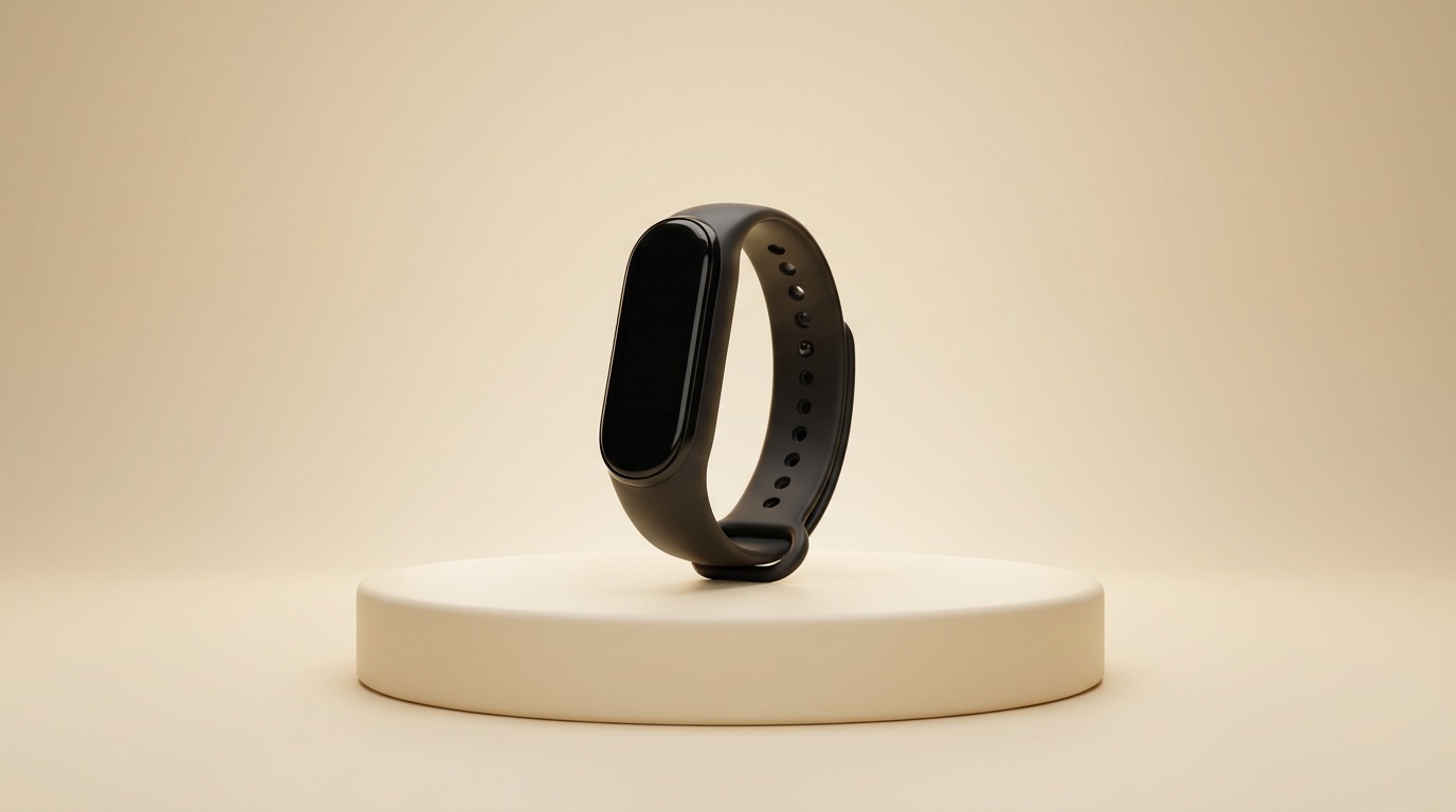 Refined product marketing shot of the same wearable device centered on a minimal pedestal with a warm cream studio background.