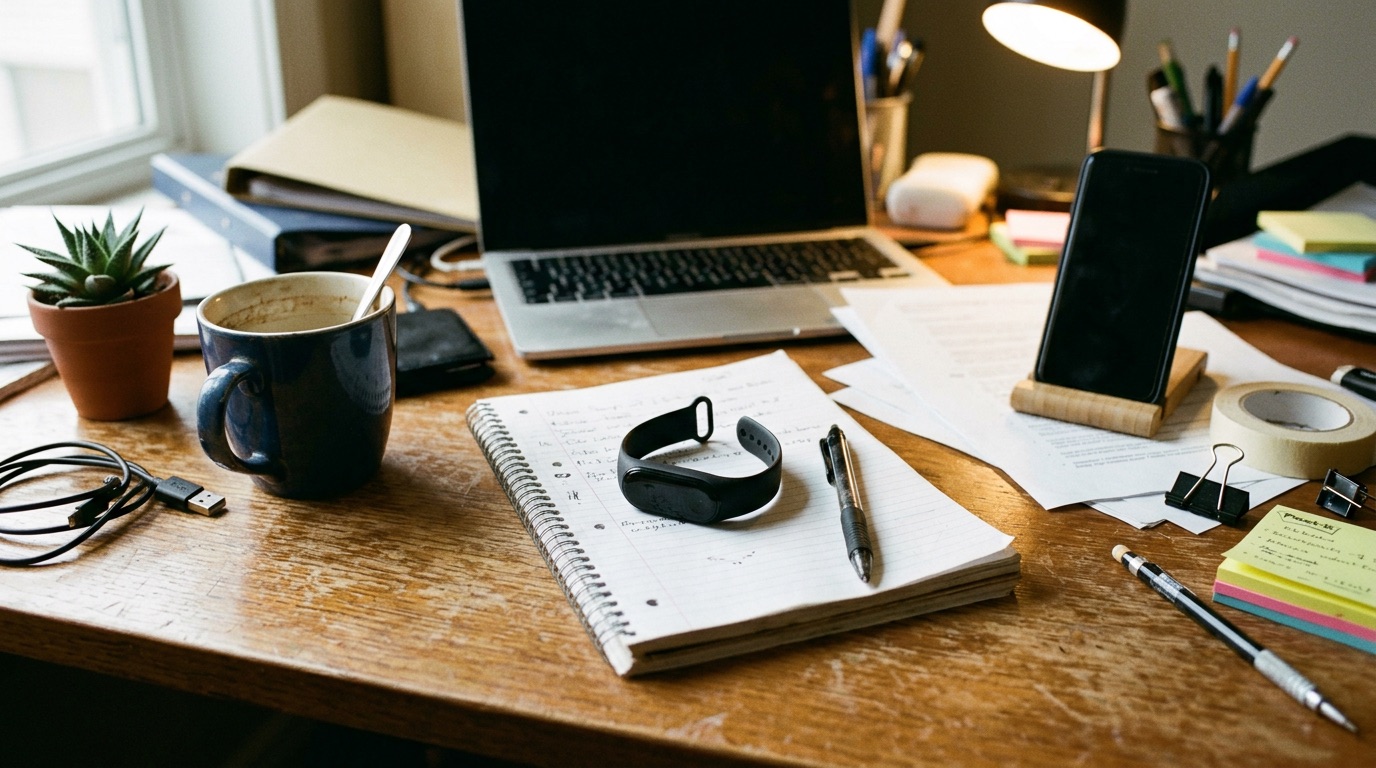 Rough tabletop product shot of a wearable device on a cluttered desk with mixed lighting.