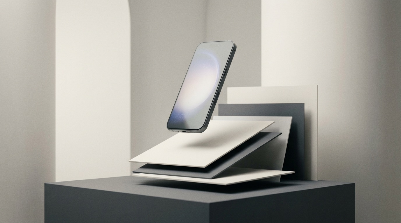 Clean product reveal still with a floating smartphone above layered cards in soft studio lighting.
