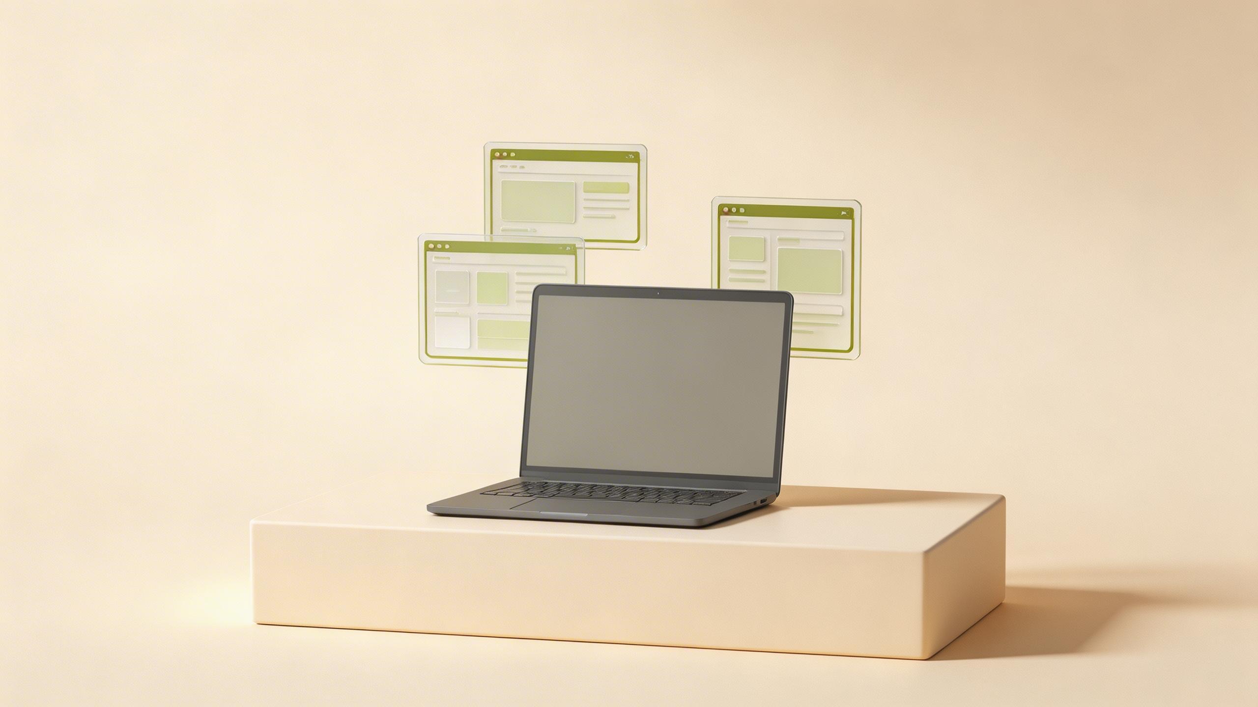 Premium product hero scene with a graphite laptop on an off-white pedestal and floating translucent interface cards in soft studio lighting.