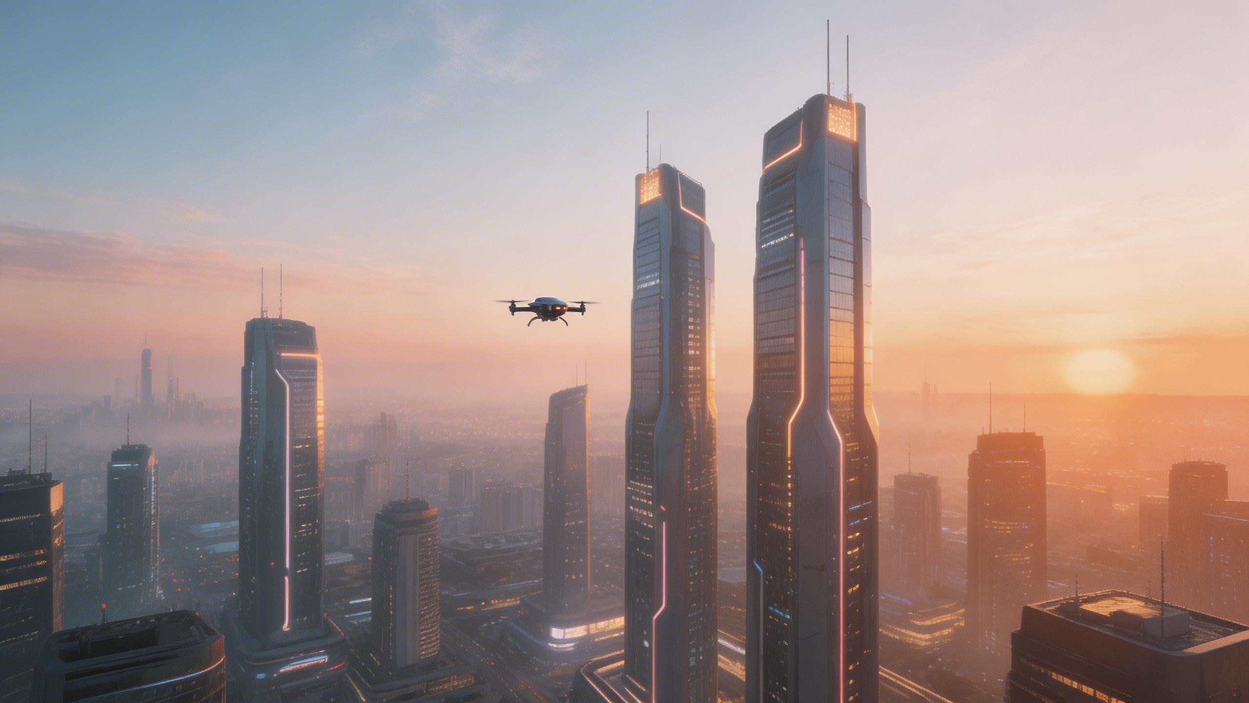 Cinematic aerial still of a futuristic city at dawn with a drone moving between tall towers in warm sunrise light.